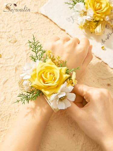 Serwalin Yellow Rose Corsage and Boutonniere Set, Artificial Silk Rose Wrist Corsage Wristlet and Boutonniere Set for Prom Homecoming Wedding Flowers Accessories Party Suit Decorations - color: Yellow, size: 1 Boutonniere & 1 Wrist Corsage - 2pcs
