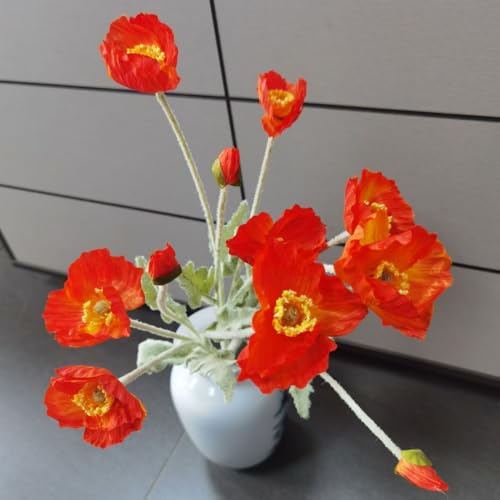 Poppy Flowers Artificial， Poppy Silk Flowers with Stems，Ranunculus Artificial Flowers，Faux Flower Stems for Wedding,Party, Outdoor Indoor Decor flower arrangements for table (3, Orange Red) - color: Orange Red
