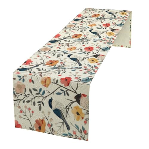 Spring Bird Floral Table Runner,Birds Table Runner Burlap Table Decoration for Summer Seasonal Home Kitchen Dining Dinner Indoor Holiday Farmhouse Decor 13x36 Inch - color: Bird_15, size: 13x36inch