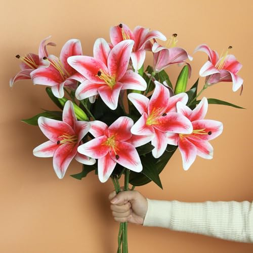 BloomLife Artificial Lily Flowers, 6 Stems with 12 Flowers & 6 Buds Total, Realistic Fake Flowers for Home Decor, White or Pink, 23.6" Tall, Wrinkle-Free & Bendable Stems for Vase Arrangements (Pink)