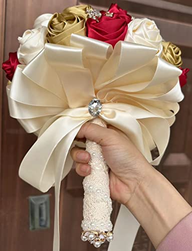 Sharebeauty 8.3" Handmade Satin Rose Bridal Bouquet Toss Round Wedding Bouquet Throw Toss Artificial Flower Bunch Dark Red + Pale Gold + Cream - color: Dark Red/Pale Gold/Cream, size: 8.3"/21cm
