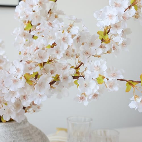 mizii 3Pcs Artificial White Cherry Blossom Branches 40" Fake Silk Cherry Blossoms Flowers with Long Stem for Wedding Decorations Table Centerpieces Vase Arrangement Home Decor (White) - color: White