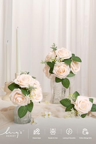 Ling's moment Artificial Flowers 50Pcs Cream Roses Decor w/Stems,3" Real Touch DIY Foam Floral for Wedding Bouquet/Centerpieces, Outdoors Party Backdrop, Room/Table, and Garden/Pot Decorations(2023) | Foam Material, With Stems, DIY Floral, Wedding/Party D