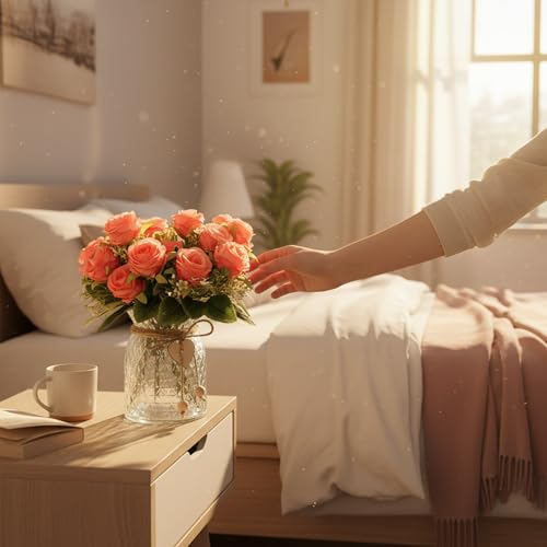 Faux Flowers in Vase, 18 Pcs Fake Rose Flowers, Artificial Flowers for Home Decor, Indoor Centerpiece for Living Room & Dining Table - Pink - color: Pink Rose