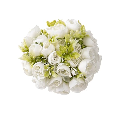 2Bouquet 14 Heads Artificial Rose Silk Flower Arrangements for Home Bridal Kitchen Wedding Party Festival Decor (White) - color: White