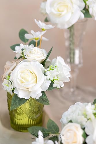 White and Sage Wedding Centerpieces Flowers Set of 6 Mini Bridesmaid Bouquets Posy Bouquet Pre-Made Wedding Flowers Centerpieces for Tables Artificial Flowers - color: White