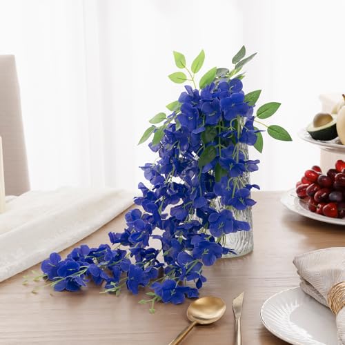 U'Artlines 24 Pack (Total 86.4 Feet) Artificial Fake Wisteria Vine Rattan Hanging Garland Silk Flowers String Home Party Wedding Decor (24, Navy Blue) - color: Navy Blue