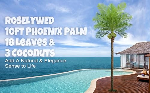 Roselywed Artificial Phoenix Palm Tree 10FT with 18 Leaves & 3 Coconut Fruit & Real Bark Tropical Areca Sago Palm Tall Large Faux Plant 118 Inch Black Pot for Indoor Outdoor Home Poolside Mall Decor - size: 10ft