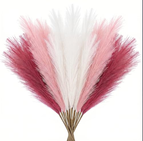 Pampas Grass Decor 30pcs 21.7 Inch, Faux Pampas Grass (White/Pink/Rose Red), Artificial Dried Flowers Look, Fluffy No Shedding for Boho Wedding Home Bedroom Vase Filler - size: Pink White Rose