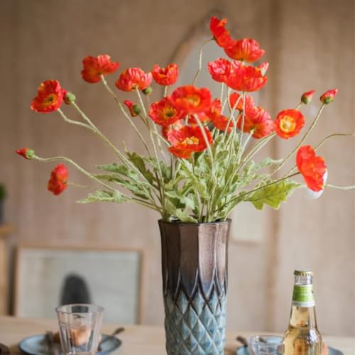 Lifelike Artificial Poppy Flowers, 8 Stems Silk Bouquet with Flocked Stems & Leaves – for Wedding Centerpieces, Home Decor, Table Arrangements - color: 8pcs Orange Red