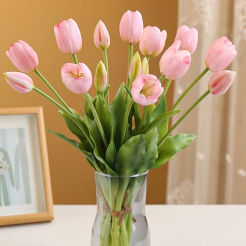 Fake Tulips Real Touch Artificial Flower Bouquet Faux Latex Tulips Flowers for Home Table Party Wedding Decoration 10 Pcs (Pink) - color: Pink