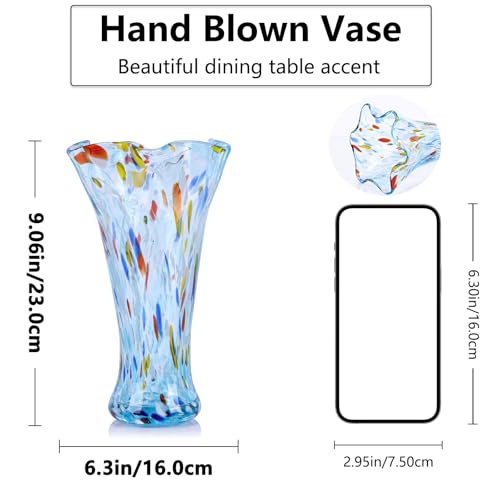 9.0" H Aqua Glass Vases for Flowers, Unique Hand Blown Glass Vase Aqua Home Decor, Wide Mouth Colorful Flower Vase Centerpieces, for Living Room Table Bookshelf, Bathroom Office Shelf Decorative - color: Aqua