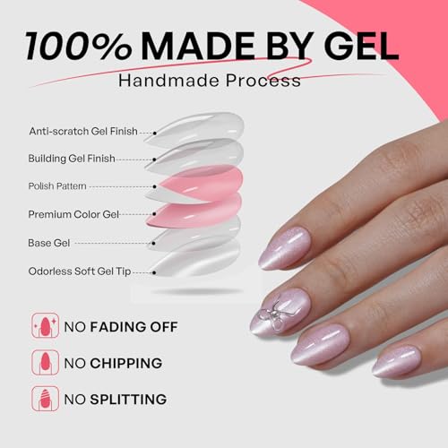 32Pcs Soft Gel Press on Nails for Women, Pink Cat Eye, Short Almond | Metal Chrome Bow Art False Fake Nails Press Ons for Office Daily Wear, Salon Quality Reusable Glue & Stick on Nail Gift Kit - color: 3H-Rose Sparkle