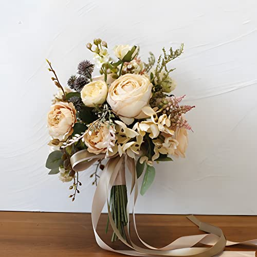 Artificial Wedding Bouquet for Brides Bridesmaid Holding Flower with Greenery Artificial Fabric Rose Wedding Flower Bridal Toss (Champagne) - color: Champagne
