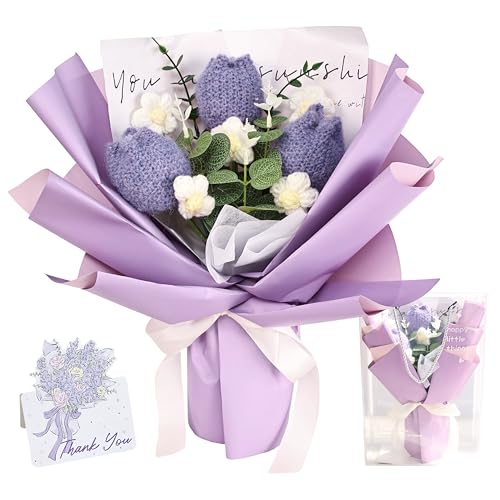Crochet Flowers Bouquet for Her Handmade Crochet Tulips Artificial Eucalyptus Includes Handheld Gift Box and Card for Home Decor Anniversary Birthdays Mother's Day Graduation Gifts (Purple) - color: Purple