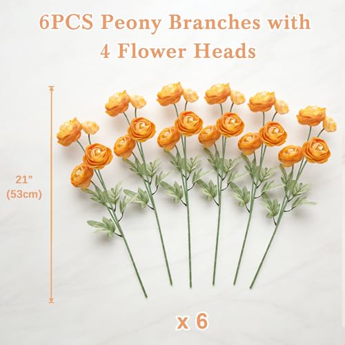 Artificial Silk Peony Fake Flowers,6PCS Artificial Faux Peonies Bulbs with 24 Silk Heads for Indoor Outdoor DIY Bouquets Wedding Centerpieces Home Decoration - color: Orange Yellow