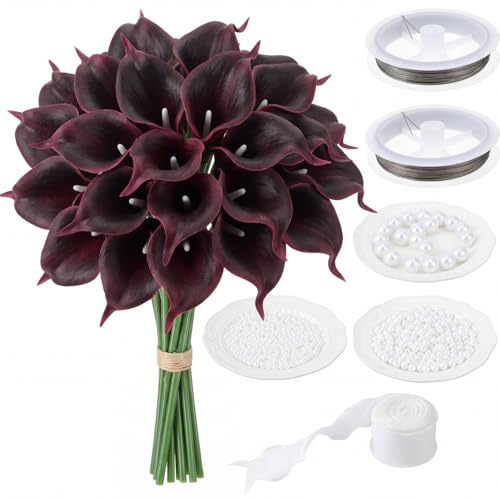 Suncalla 20 Pcs Calla Lily Artificial Flowers Burgundy DIY Wedding Bouquet for Bride Wedding Table Centerpieces Decorations with Ribbon and Pearl for Floral Arrangement DIY Craft Bridal Flower Gift - color: Claret, style: Calla Lily