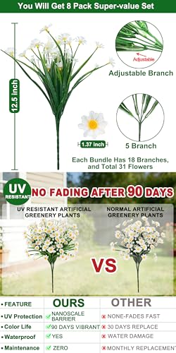 8 Bundles Artificial Daisy Flowers for Outdoors Summer Decor, UV Resistant Fake Cemetery Flowers Faux Plastic Greenery Shrub Plants for Home Outside Garden Patio Porch Grave Memorial Day Decor(White) - color: White, size: 8 Bundles