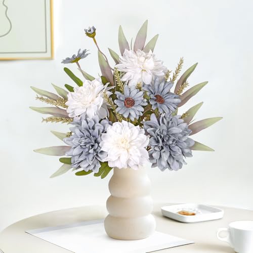 Dremisland Artificial Flowers Bouquet Silk Blue Flowers Fake Floral Arrangements Faux Blue and White Flowers Plant Wedding Bride Bouquets Floral Tables Centerpieces for Home Decor Indoor Vase Table - color: Blue White