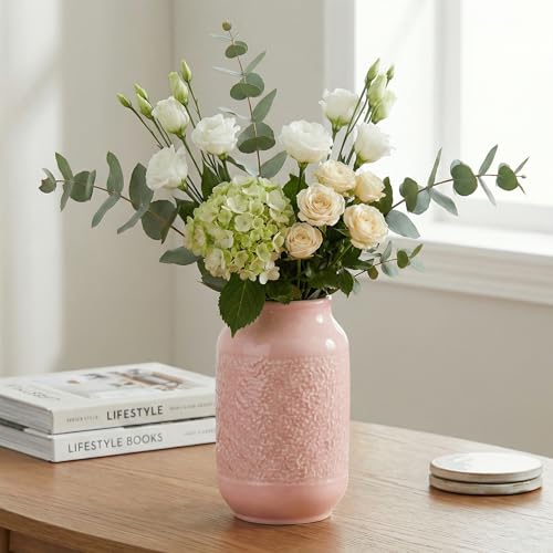 Pink Ceramic Vase, 9 Inch Cute Flower Vase for Pampas Grass, Modern Decorative Vases for Living Room, Minimalist Decor, Kitchen, Bedroom, Office, Bathroom, Wedding Decor - color: Pink