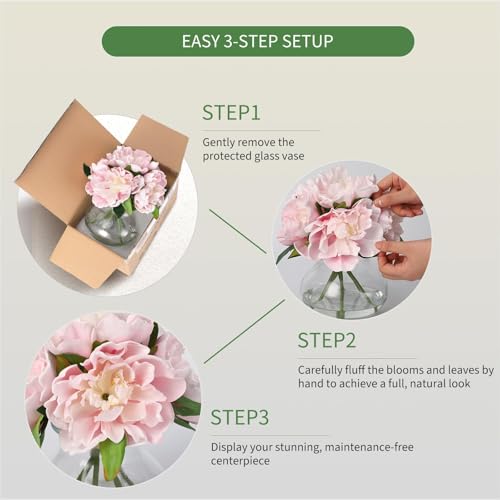 Pink Peony Bouquet in Glass Vase - 6 Piece Artificial Flower Arrangement with Faux Water for Wedding & Home Centerpieces - color: Peony Flowers, size: Pink