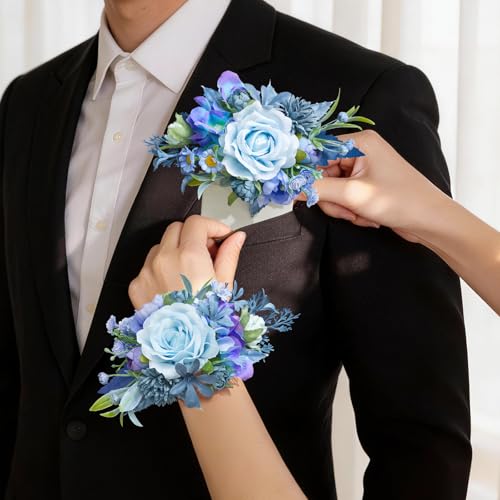 Serwalin 2Pcs Corsage and Boutonniere Set,Blue Rose Corsage Wristlet and Pocket Boutonniere for Prom Wedding Homecoming Anniversary Graduation - color: Blue