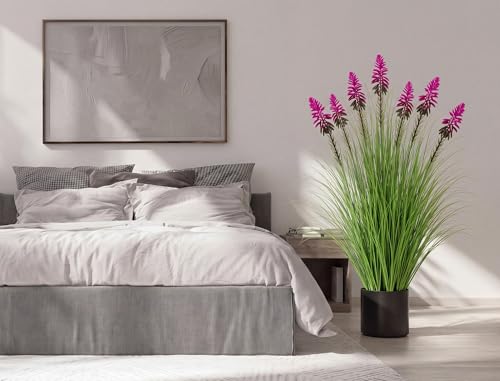Jexine 2 Pieces 4 ft Artificial Tall Grass Plants Outdoor with Plum Cockscomb Flower Tall Artificial Grass Green Onions Plant Potted for Housewarming Gift House Garden Lobby Outdoor - color: Plum Cockscomb Flower