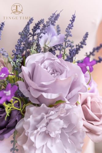TINGE TIME 7 Inch Artificial Flowers Wedding Bouquets for Bridesmaid, Set of 4, Lavender Bride Tossing Bouquet for Rustic Wedding Ceremony Bridal Shower Rehearsal Dinner Vintage Party - color: Lavender
