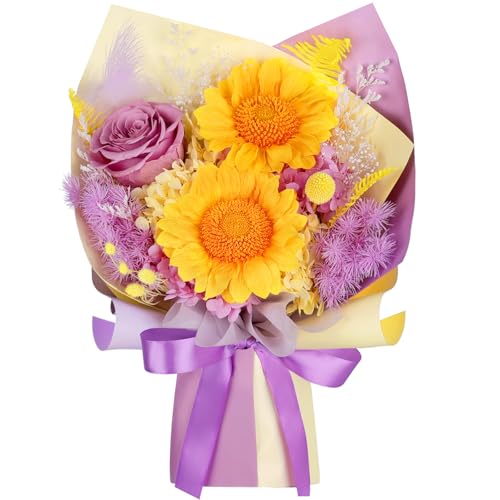 Preserved Sunflower Bouquet - Forever Flowers for Delivery, Purple Rose That Last 3 Years, Eternal flowers Bouquet, Mothers Day Gifts for Mom Grandma Wife, Anniversary Birthday Gifts for Women - color: Purple