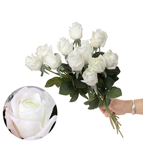 12pcs Half Opened Artificial Rose Buds,17 Inch Real Touch Silk Roses with Partially Opened Flowers, Artificial Flower for Home Décor Centerpiece Wedding Bouquet,White - color: White