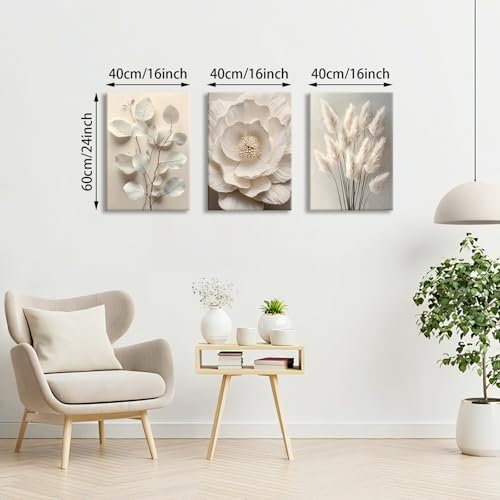 WENGTIAO 3Pcs Beige Floral Botanical Frame Canvas Wall Art, Neutral Textured Flower Plant Wall Painting Picture Wall Decor Vintage Blossom Prints for Bedroom Living Room Reay to Hang 16"x24"x3Pcs - color: Flower-White botanical, size: 16"x24"x3Pcs