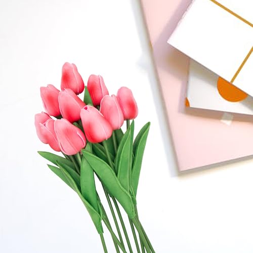 Pink Flowers Fake Tulips Artificial Flowers, 13 Inch Real Touch Tulip PU Flowers for Decoration, DIY Vase, Mother's Day Easter Valentines Gifts 10 Pcs - color: Pink2