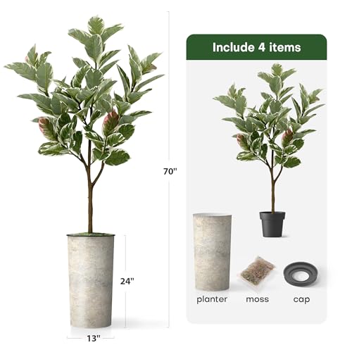 Artificial Tree in Off-White Texture Planter, Fake Rubber Silk Tree for Indoor and Outdoor Home Decoration - 70" Overall Tall (Plant Pot Plus Tree) - style: Rubber