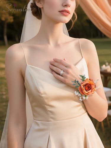 Serwalin 6 PCS Wrist Corsages for Wedding, Girl/Mother Bride Bridesmaids Corsages Wristlet Decor for Prom Wedding Anniversary Homecoming, Orange - color: Orange, size: Corsage 6pcs