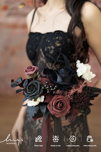 Ling's moment Black Bridesmaid Bouquets Set of 6 Burgundy Artificial Wedding Flower Bouquets Floral Bouquet Gothic Bridesmaid Bouquets with Ribbon Ceremony,Anniversary,7-inch Diameter - color: Red-burgundy Red & Black