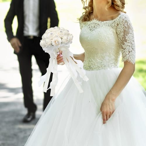 Faylapa Wedding Bouquets for Bride Bridesmaid Hand Bouquet Diamond Artificial Flowers for Wedding Marriage Proposal Party Valentine's Day Church Home Decoration (Champagne) - color: Champagne, size: 7.87 inch diamond bouquet