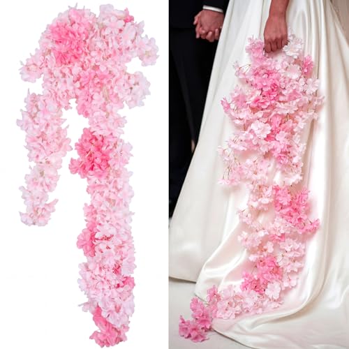 Sosation 35 Inch Artificial Wedding Bouquet for Bride, Pink Fake Cherry Blossom Flowers Cascading Bridal Cherry Blossom Bouquet, Boho Rustic Ceremony Decor for Outdoor Wedding Party Bridal Shower