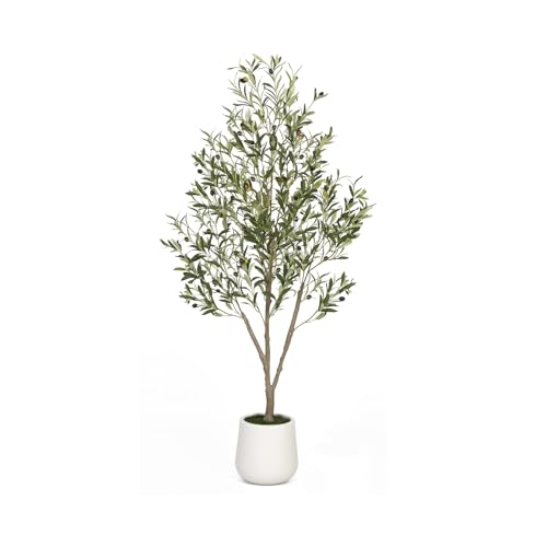 5FT Artificial Olive Tree Indoor Tall Faux Olive Trees with White Planter Natural Wood Trunk and Lifelike Fruits Potted Realistic for Home Office Living Room Decor - size: 5ft