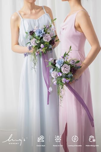 Ling's moment Light Purple Artificial Bridesmaid Bouquets Set of 4 Wedding Flower Bouquets Blue Floral Bouquet Bridal Bouquets with Ribbon,Ceremony,Anniversary,7-inch Diameter - color: Prpl-deep Plum