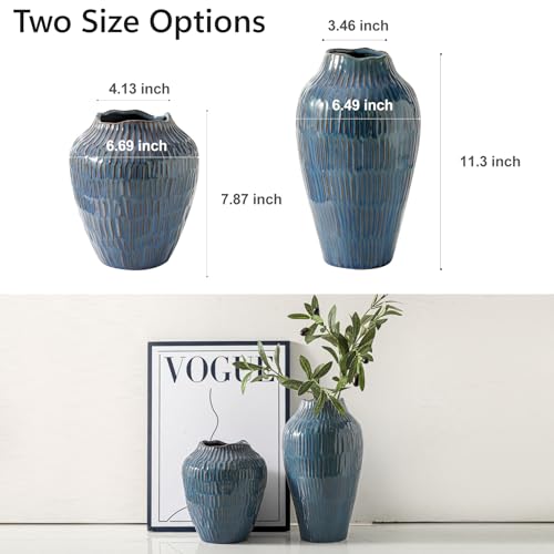 Blue Ceramic Vase for Home Decor,11.6 Inch Flower Vase，Decorative Vases for Pampas Grass，Modern Art Texture Vases for Home Entryway Living Room Dining Table Farmhouse Office Decor-Blue - color: Blue-11.6inch