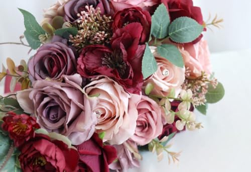 9.1 Inch Cascading Bridal Bouquet Waterfall Cascade Bridal Wedding Bouquet for Bride with Artificial Rose Flower Ribbon Rustic Burgundy Mauve and Pink - color: Burgundy, Mauve & Pink