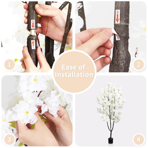 Faux White Cherry Blossom 6ft(72in) Artificial Floor Plant for Indoor Decor Natural Potted Tree with Texture Flowers and Realistic Wood Trunk for Home Living Room,Office Perfect Housewarming Gift - color: Cherry Blossom(white 7), size: 6ft