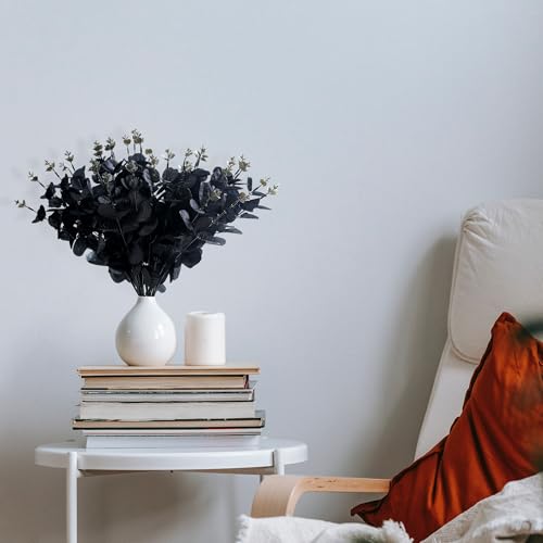 SITUMEIZI 10 Pcs Black Flower Artificial Eucalyptus Stems for Halloween Black Home Bathroom Bedroom Decor Skoopy Halloween Decorations 13.4 inch - color: Black