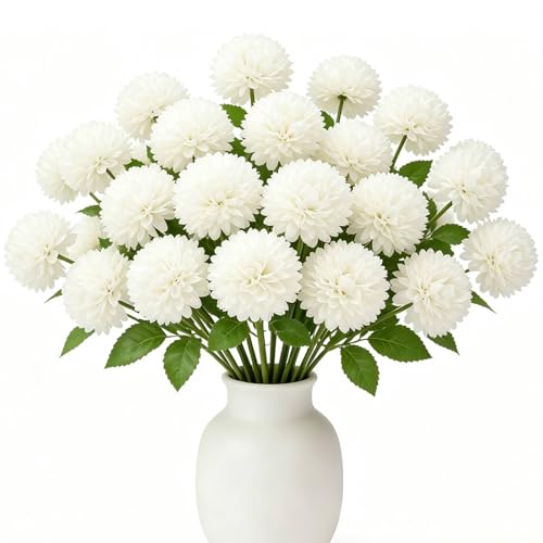 Floweroyal 24pcs Artificial Chrysanthemum Ball Flowers, Fake Mums Silk Hydrangea Bridal Wedding Bouquet for Home Garden Party Office Coffee House Decoration (White) - color: White-24pcs
