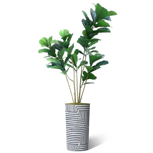 Artificial Tree in Modern Geometric Pattern Planter, Fake Ficus Lyrata Silk Tree for Indoor and Outdoor Home Decoration - 66" Overall Tall (Plant Pot Plus Tree) - style: Ficus Lyrata
