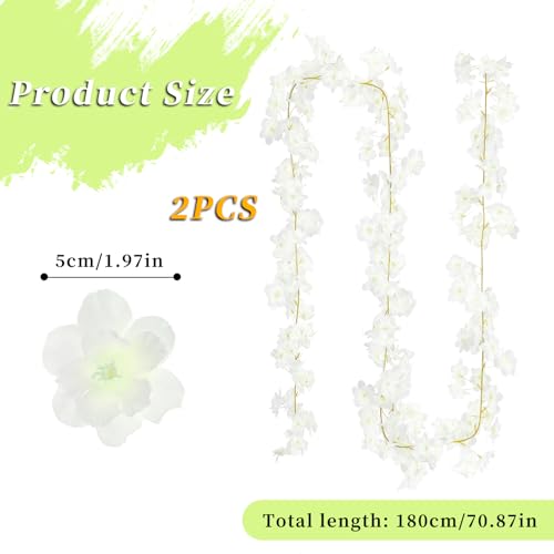 2Pcs Cherry Blossom Garland, 11.8ft White Flowers Garland, Artificial Cherry Flower Vines, Silk Cherry Blossom Vines Hanging for Home Wedding Garden Party Arch Office Decor (White)