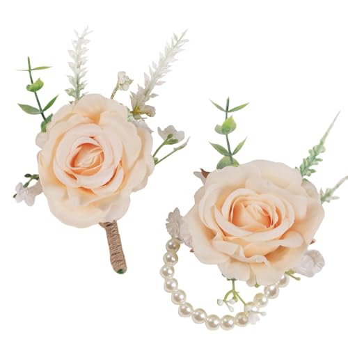 Alizeal 2Pcs of Wrist Corsage and Boutonniere Set, Artificial Flowers Accessories Suit Decor for Wedding Prom Party Homecoming Ceremony, Champagne - color: 701-champagne