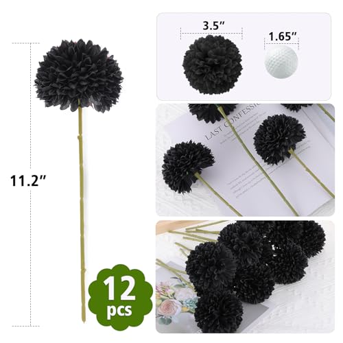 Rowfad 12 Pcs Black Artificial Chrysanthemums Flowers Silk Fake Mums Flowers for Halloween Ghothic Wedding Table Centerpiece Christmas Home Decor (12, Black) - color: Black