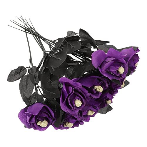 Vaguelly Halloween Flowers 10Pcs Artificial Halloween Rose with Skull Head Black Leaves Faux Silk Rose Picks Flower Stems Rose Flower Bouquet for Halloween Party Haunted House Home, Purple