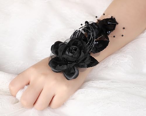 Set of 12 Artificial Silk Organza Craft Rose Flower, 12 Corsage Wristlet, 12 Pin Back DIY Boutonnieres for Wedding, Bridesmaids, Groomsmen, Quinceanera, Prom, Sweet 16 (Black) - color: Black